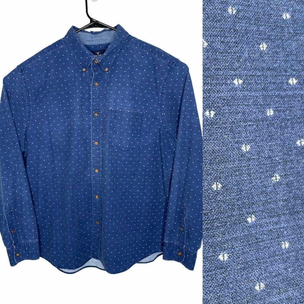 AMERICAN EAGLE Men Size XXL Denim Long Sleeve Button Down With White Dot Pattern